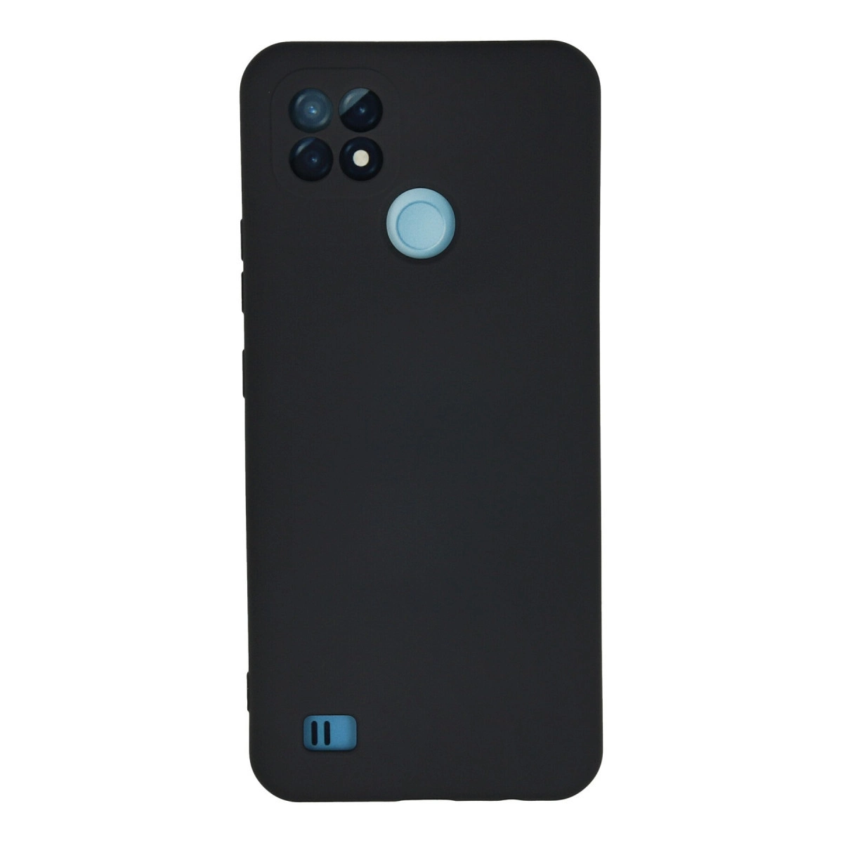 Dört kameralı ve mavi parmak izi sensörlü siyah akıllı telefon kılıfı.