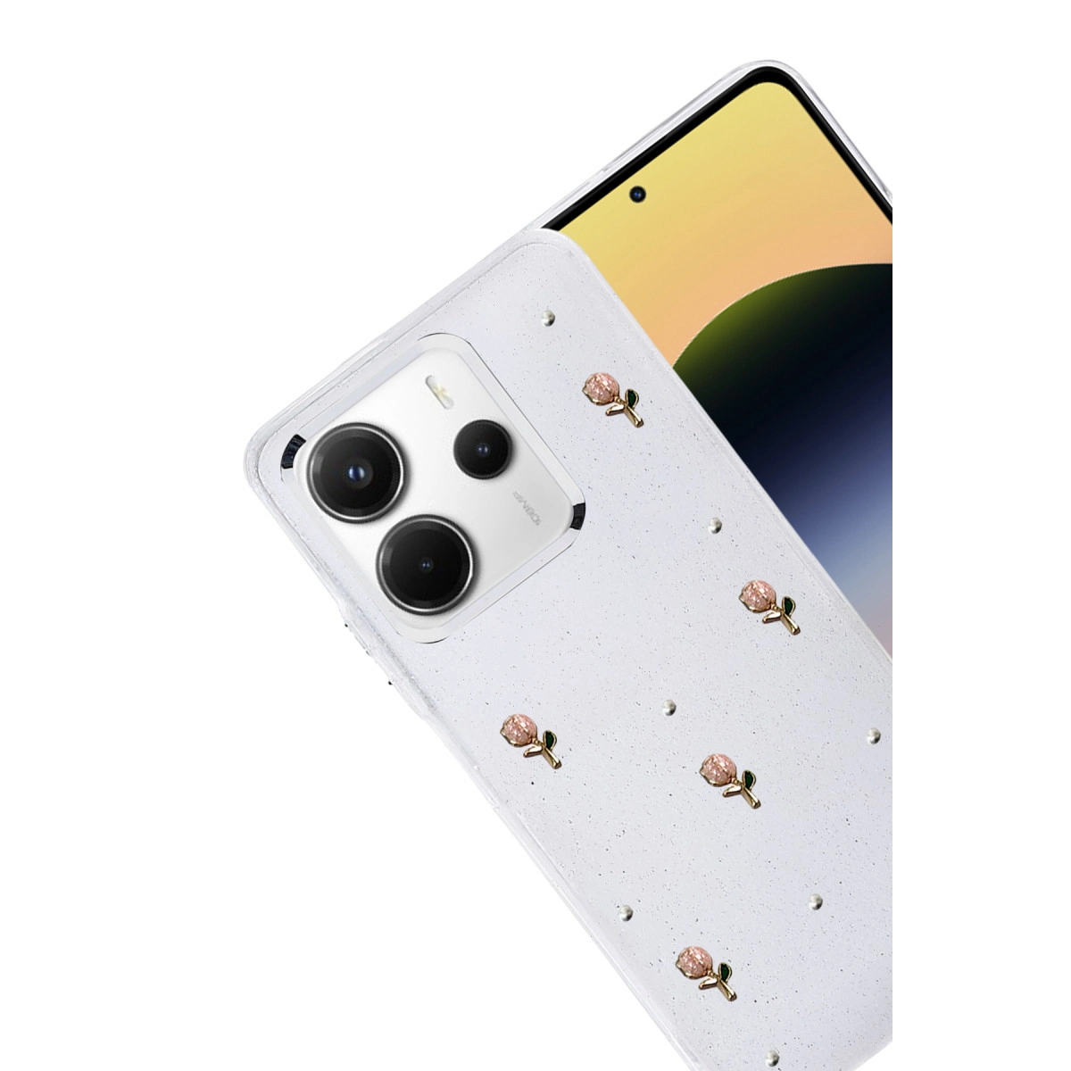 Telefon üzerinde sim ve küçük gül tasarımlı şeffaf telefon kılıfı.