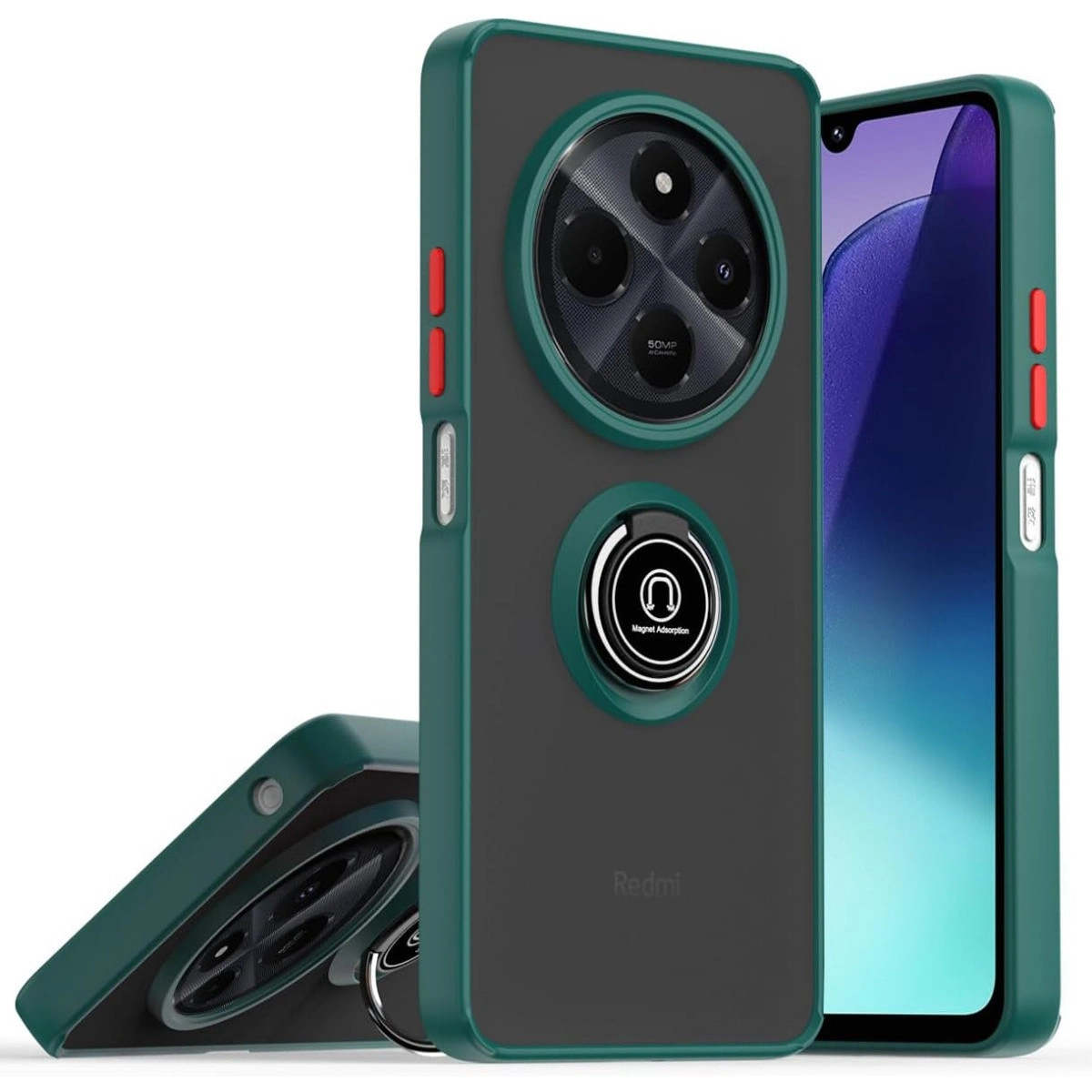 Telefon üzerinde kamera halkası ve manyetik emişli yeşil telefon kılıfı.