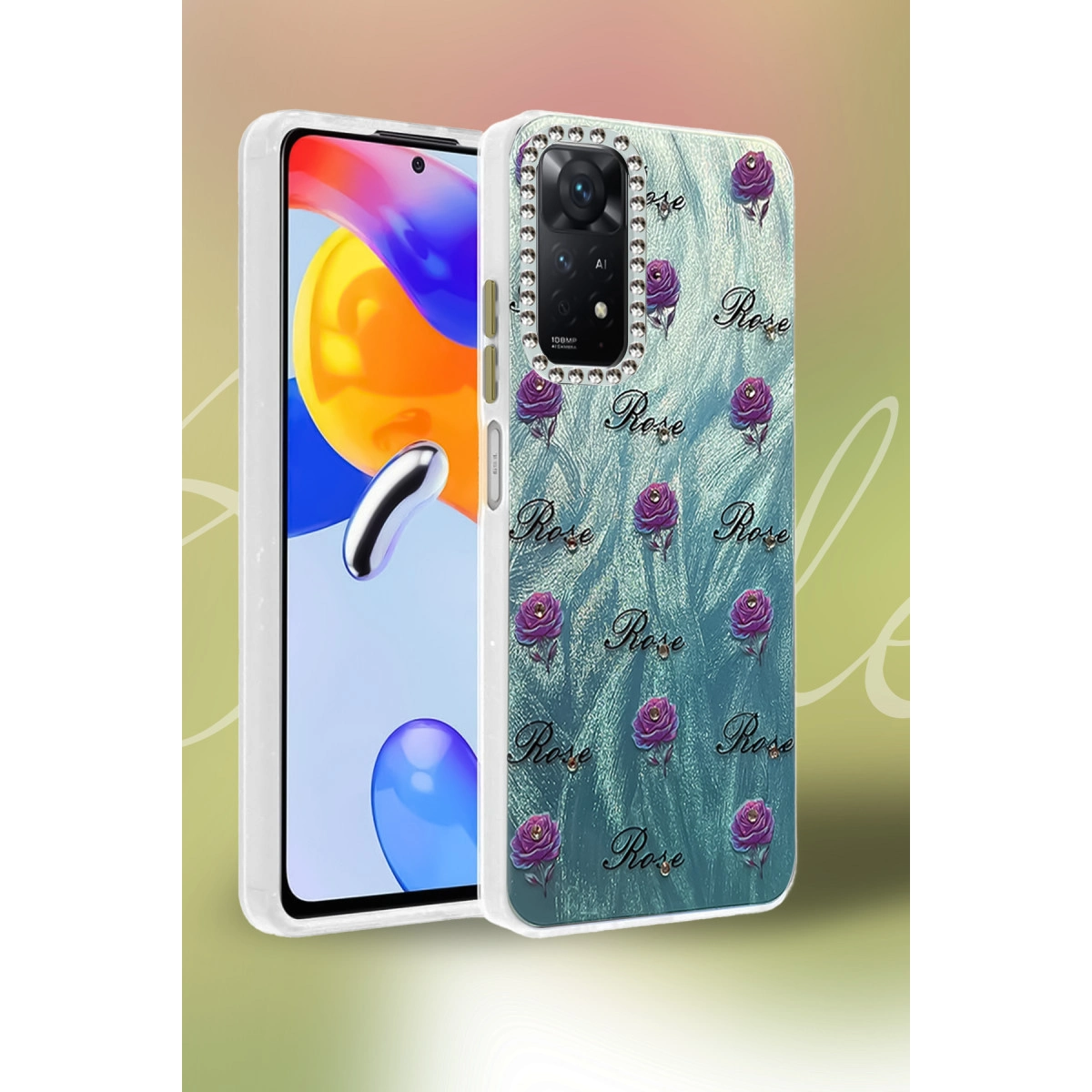 Rhinestone süslemeli, gül desenli telefon kılıfı.