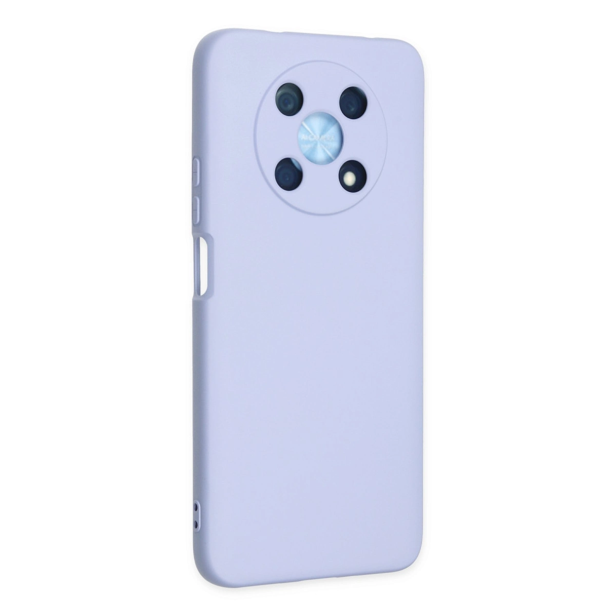 Beş lensli yuvarlak kamera modülüne sahip açık mor telefon kılıfı.