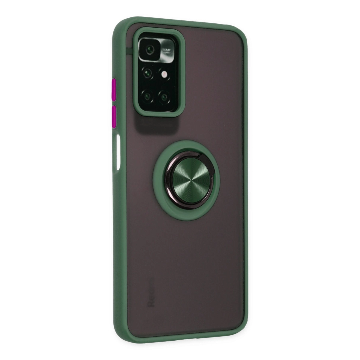 Yeşil çerçeveli, koyu gri telefon kılıfı, kamera modülü ve halka tutucu.