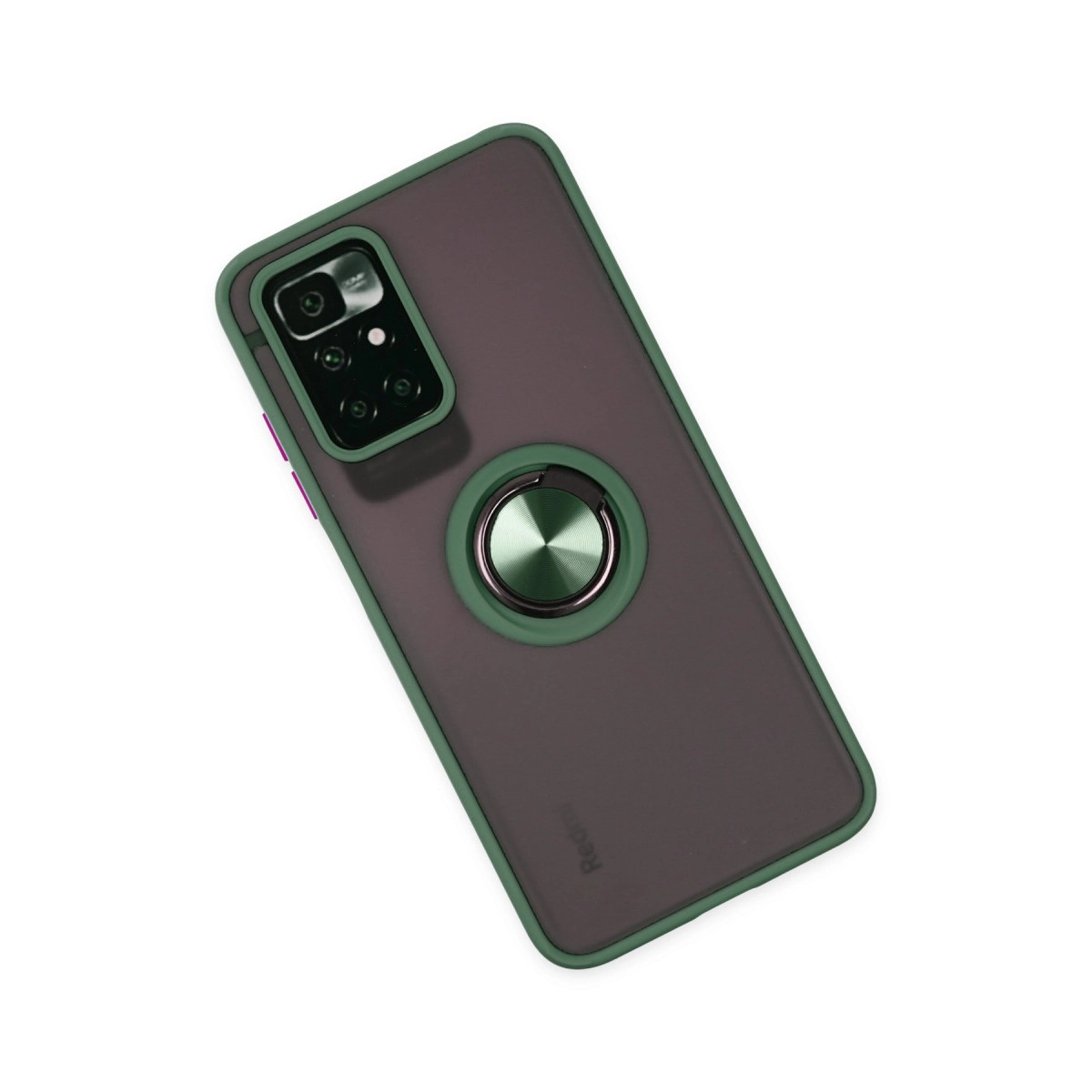 Yeşil kenarlı ve halka tutuculu koyu gri telefon kılıfı.