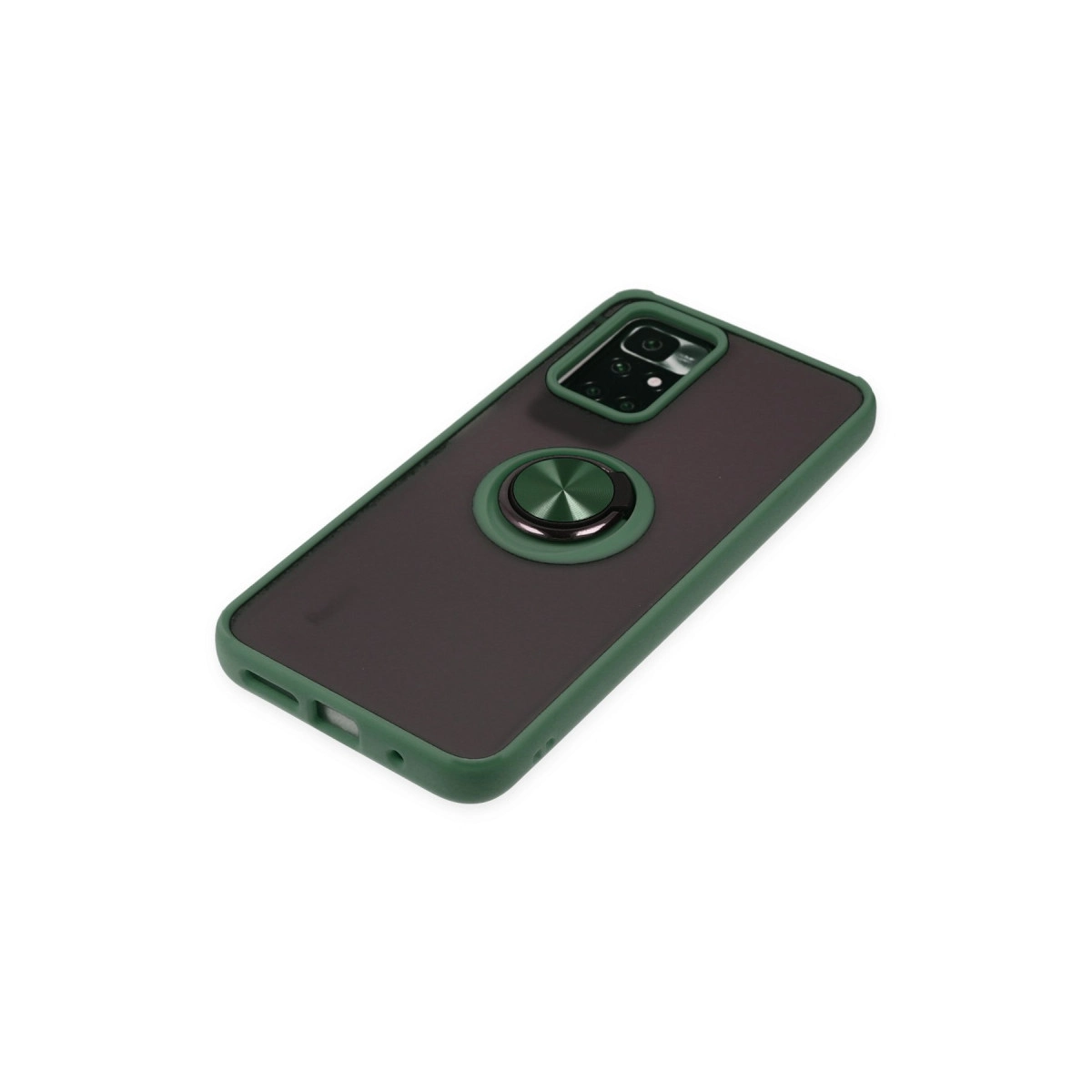Yeşil çerçeveli ve halka tutuculu koyu kahverengi telefon kılıfı.