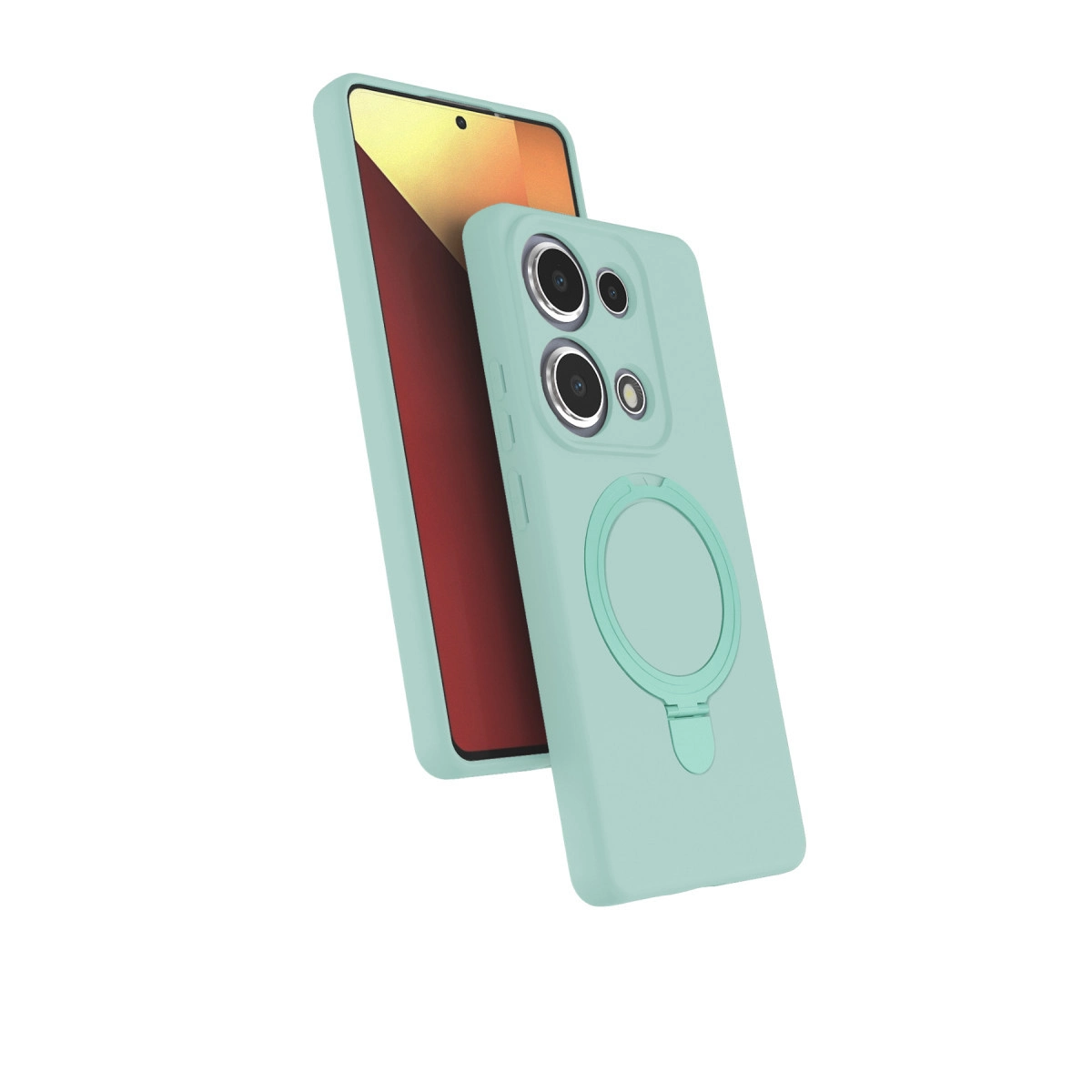 Arkada halka tutucu ve kamera modülü bulunan açık yeşil telefon kılıfı.