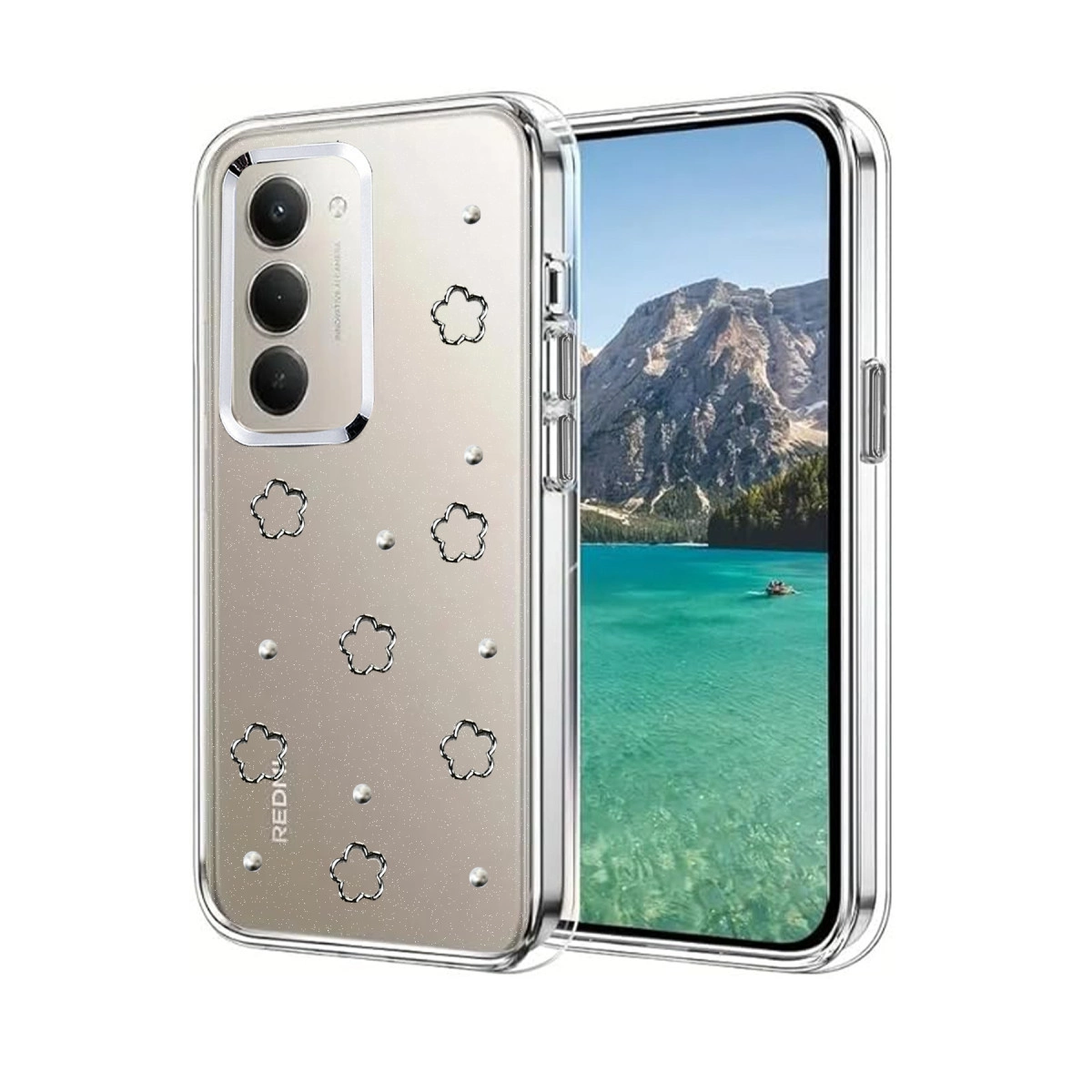 Çiçek desenli şeffaf telefon kılıfı ve dağ gölü arka planı.