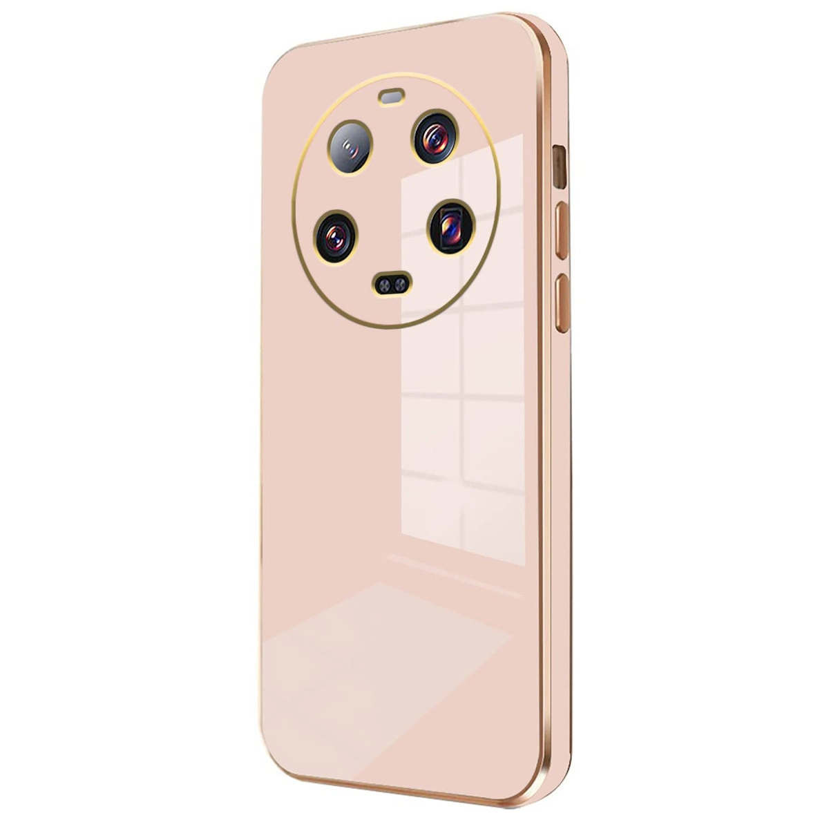 Arkada dikkat çekici kamera modülüne sahip, pembe altın rengi bir telefon.