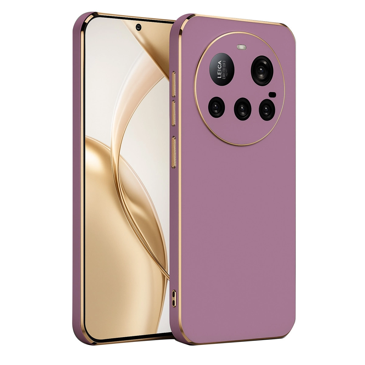Arkada altın çerçeveli ve kamera modüllü mor telefon kılıfı.