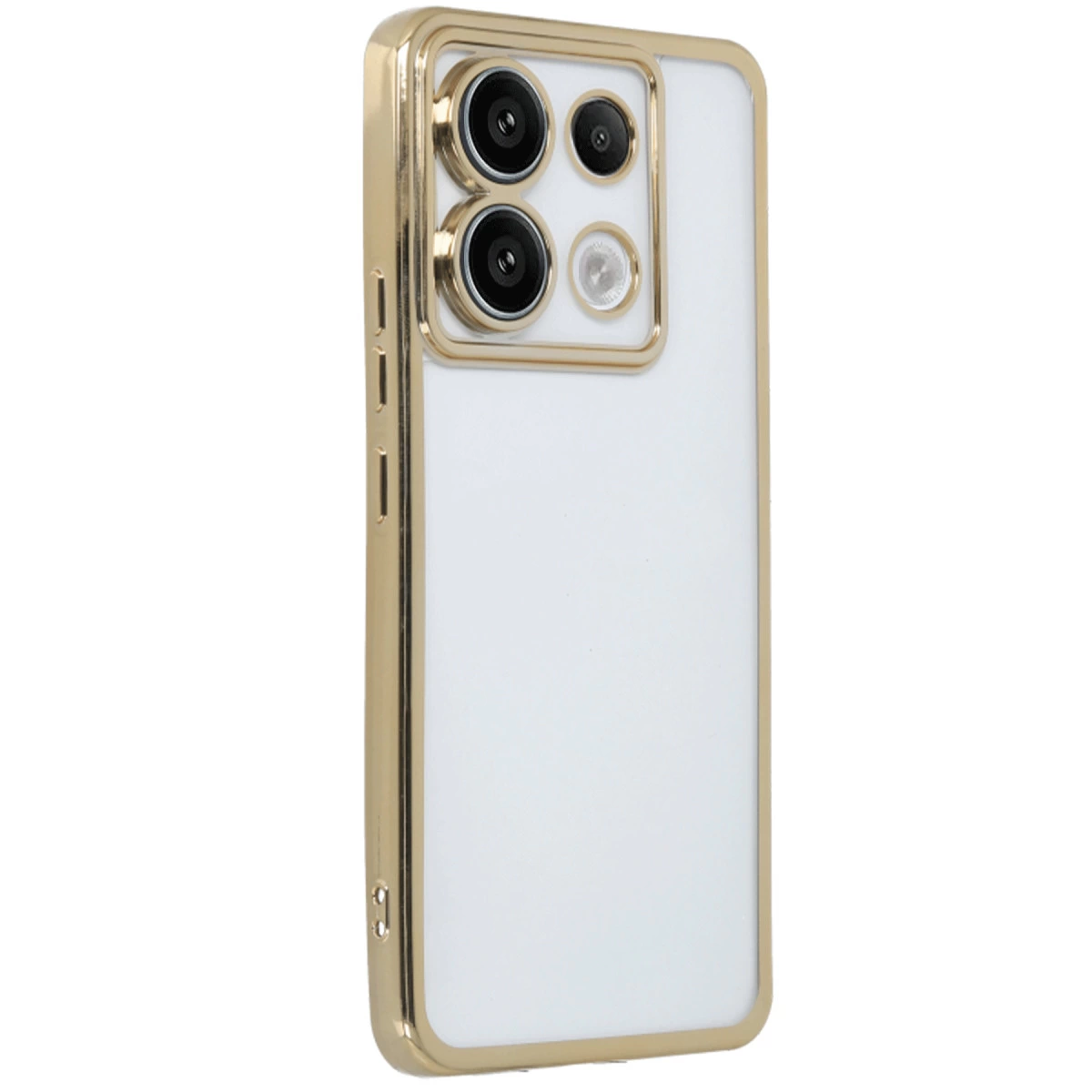 Altın metal çerçeveli ve kamera modüllü beyaz telefon kılıfı.