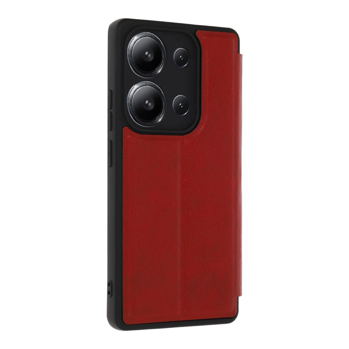 Kamera oyuntulu, siyah çerçeveli kırmızı telefon kılıfı, beyaz zeminde.
