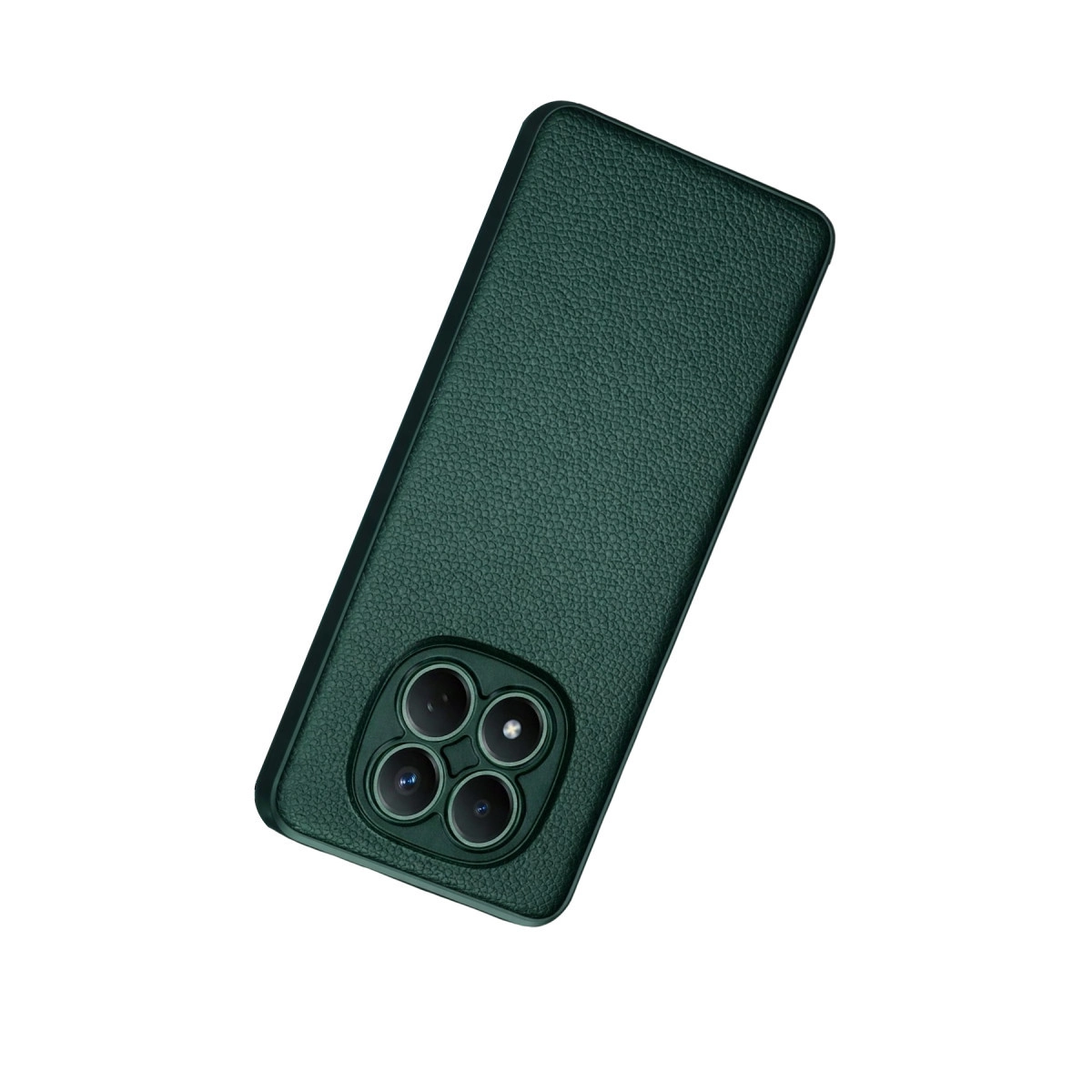 Arkada dört kamera lensi bulunan koyu yeşil telefon kılıfı.