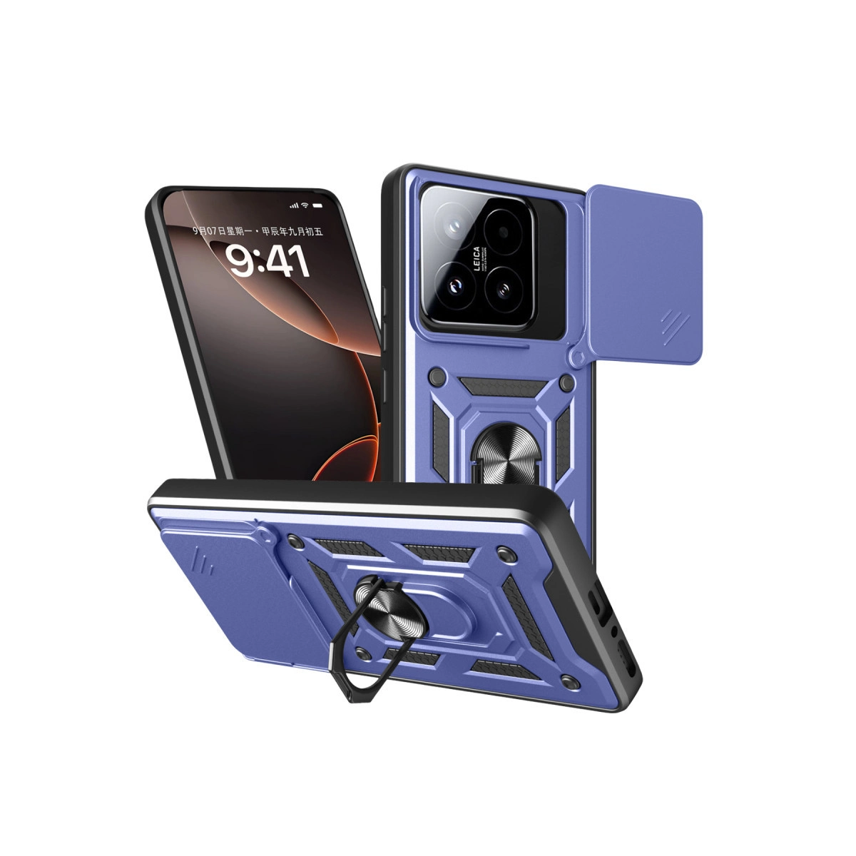 Ayaklıklı ve kamera kapaklı mor telefon kılıfı.