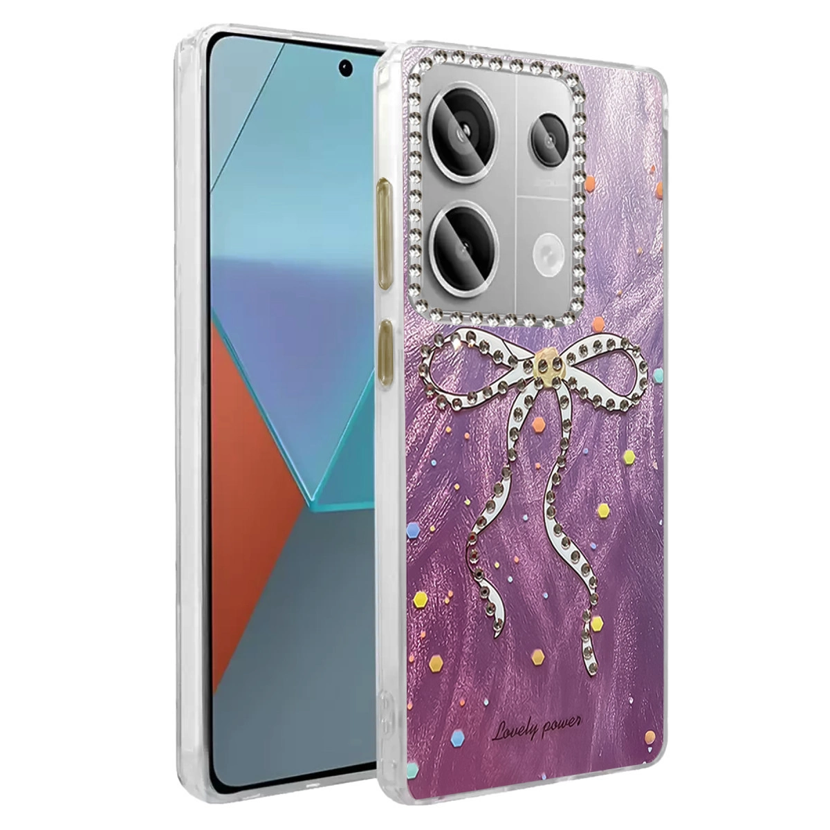 Renkli noktalı, taşlı fiyonklu mor telefon kılıfı.