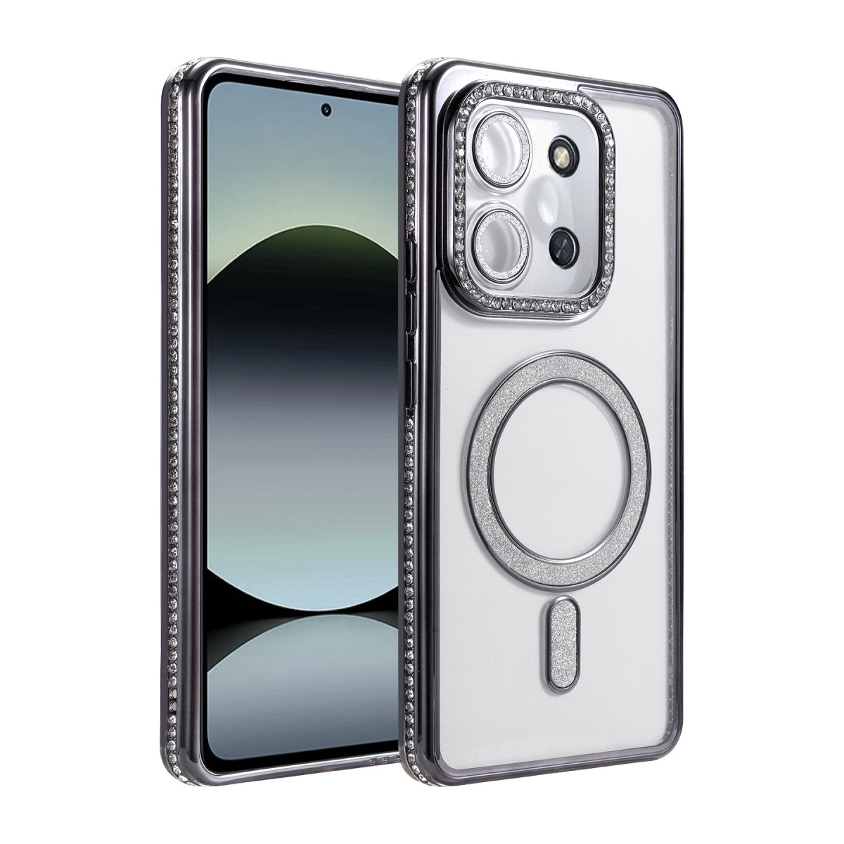 Gümüş süslemeli ve taşlı şeffaf telefon kılıfı. Kamera lens korumalı.