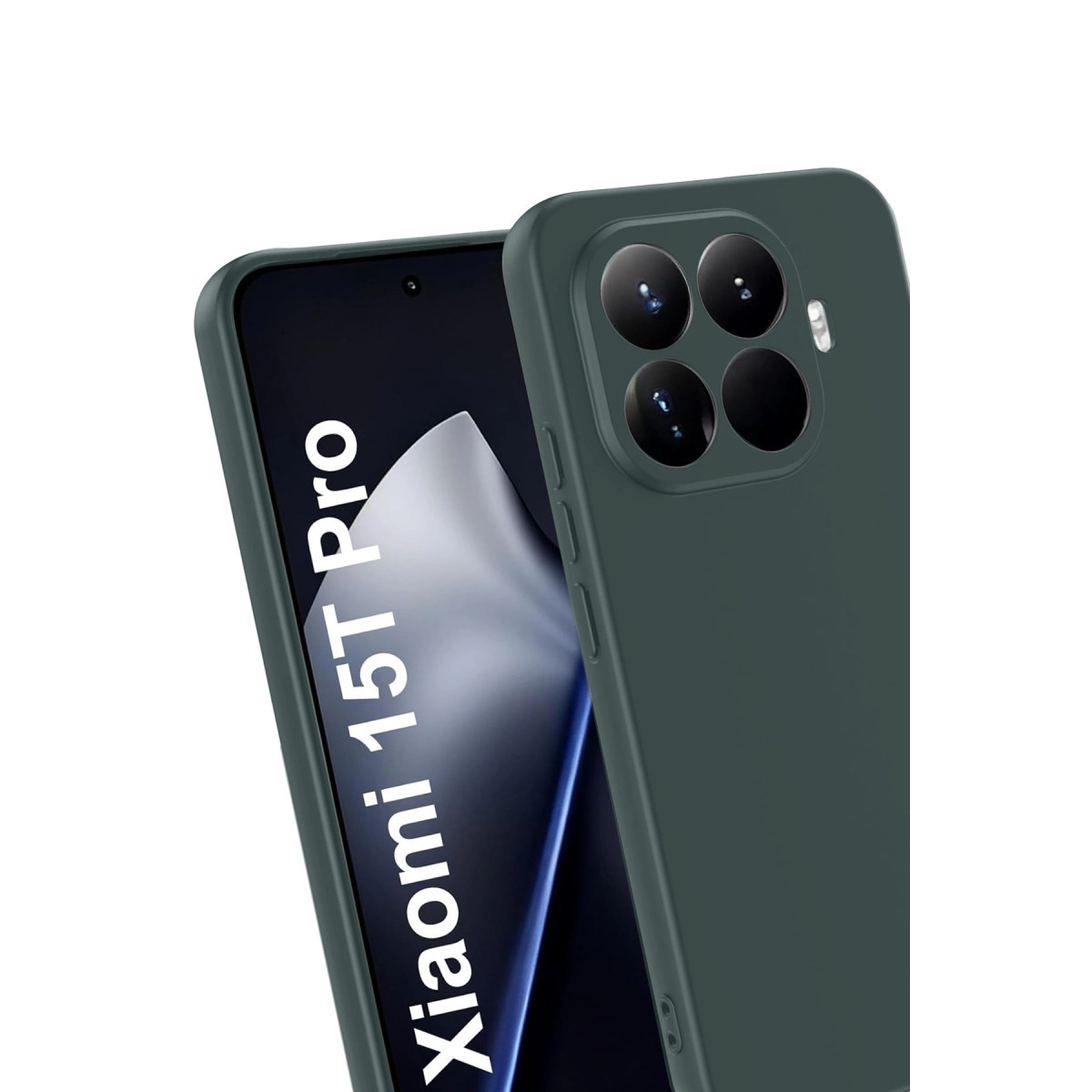 Dört kameralı koyu yeşil telefon kılıfı, beyaz arka plan üzerinde.