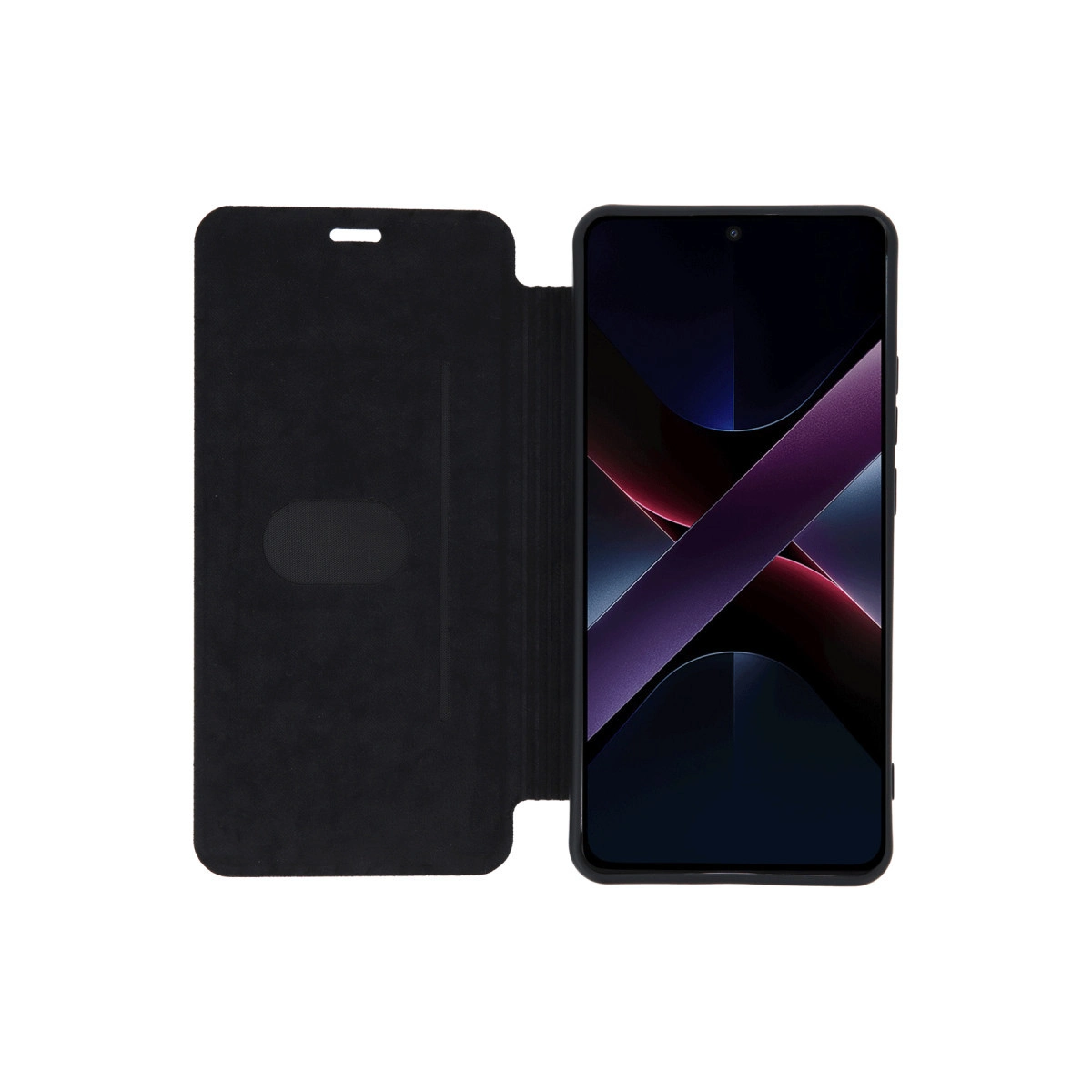 Açık kapaklı siyah akıllı telefon ve soyut duvar kağıdı.