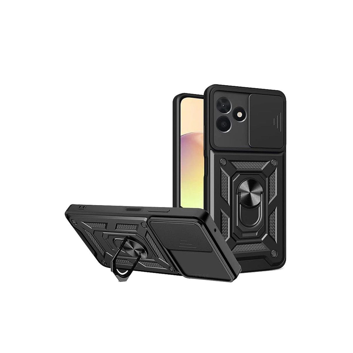 Halka tutuculu ve lens kapaklı iki siyah telefon kılıfı.