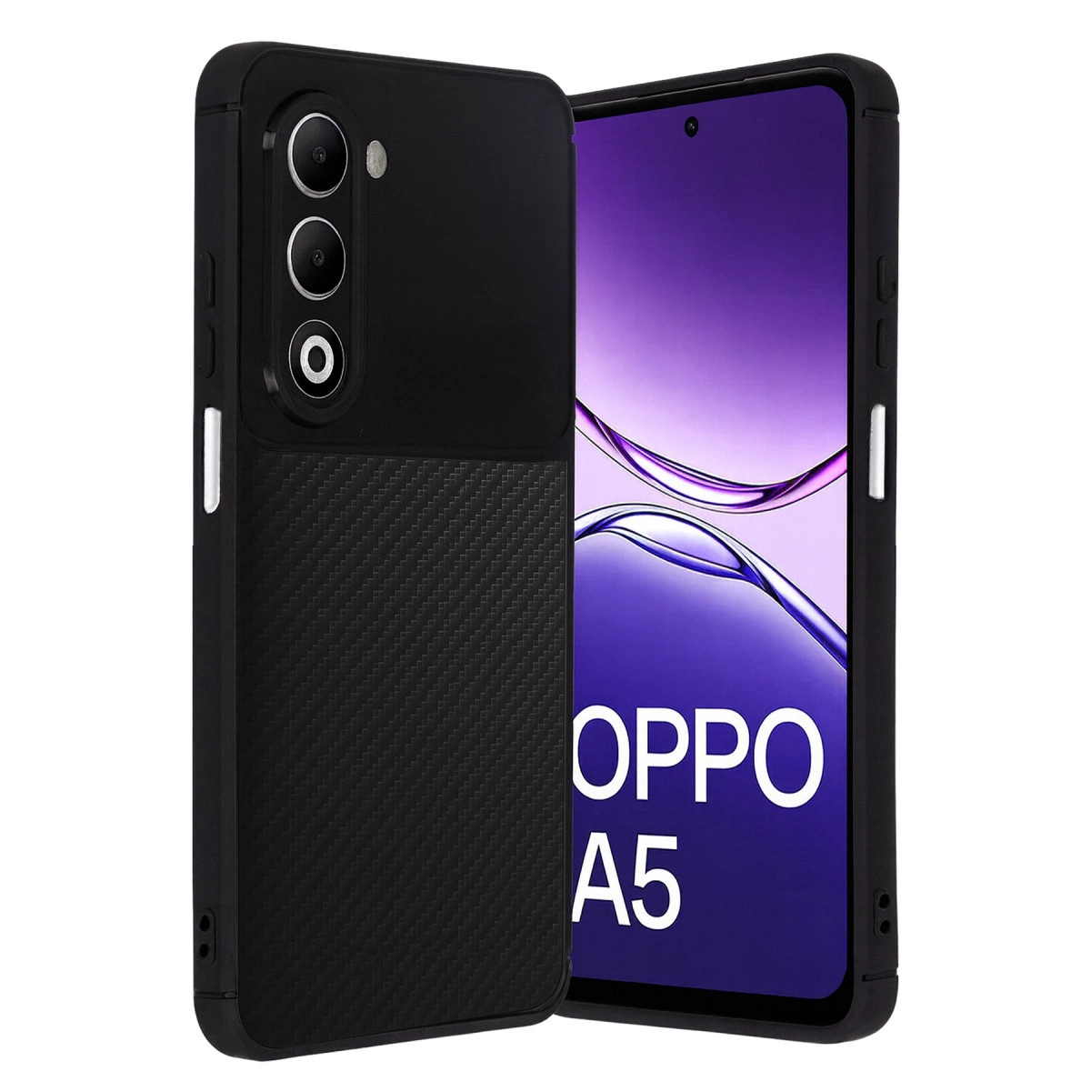 Karbon fiber dokulu siyah telefon kılıfı ve OPPO A5 ekranı.