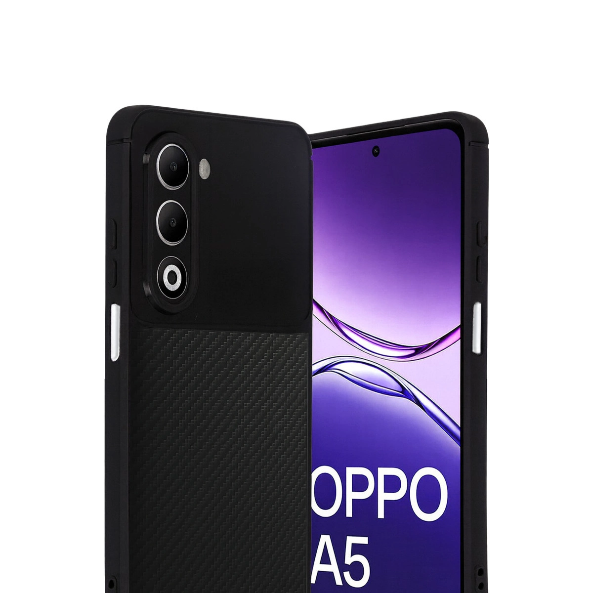 Karbon fiber dokulu siyah telefon kılıfı üzerinde 'OPPO A5' yazan akıllı telefon.