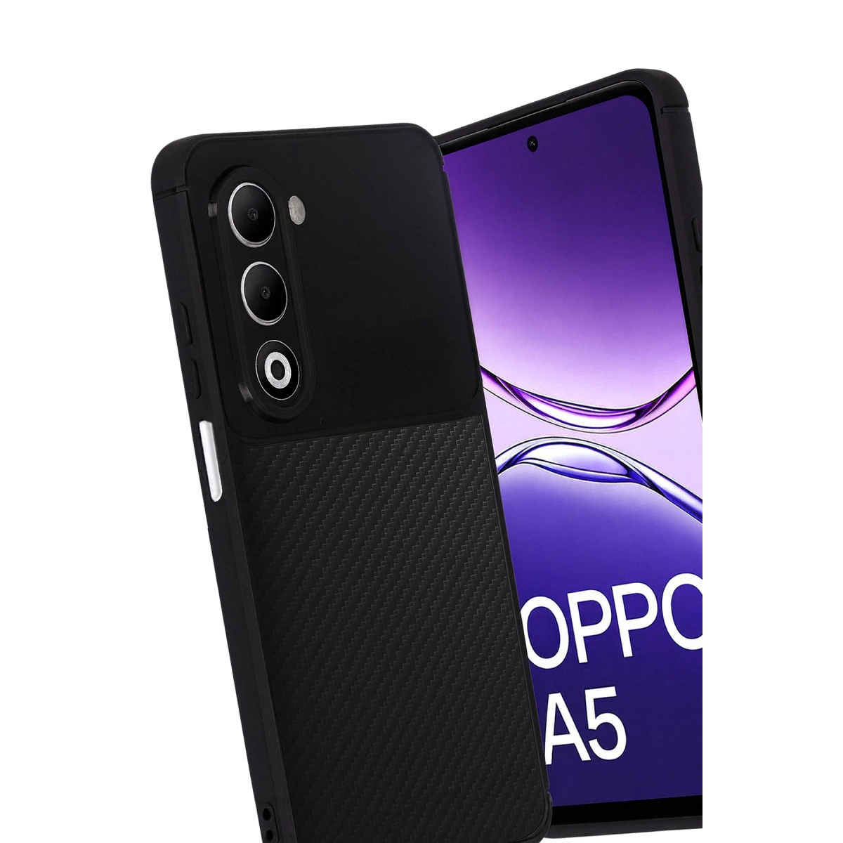 Karbon dokulu siyah telefon kılıfı ve ekranda OPPO A5 yazısı.