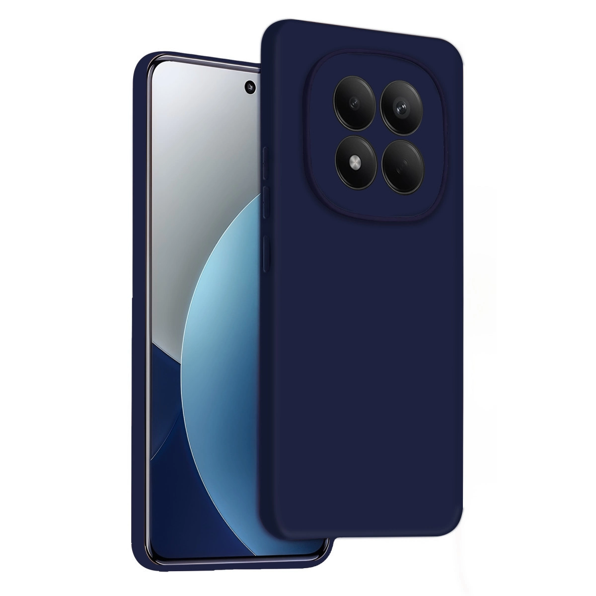 Arkada dört kamera lensi olan lacivert telefon kılıfı.