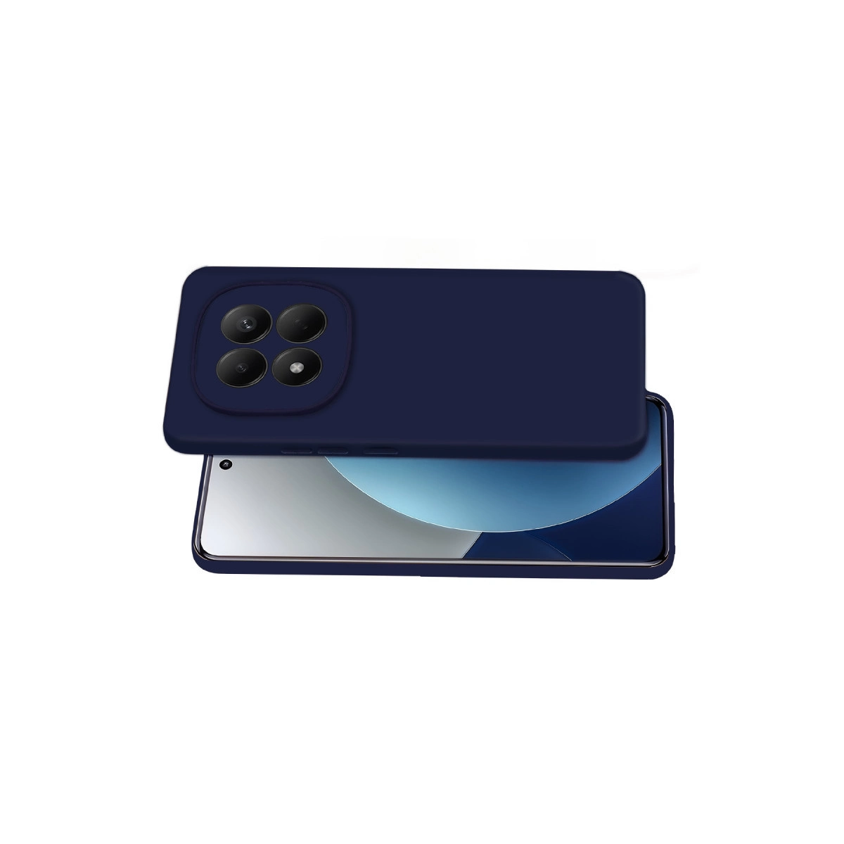 Dört kameralı, net ekranlı lacivert telefon.