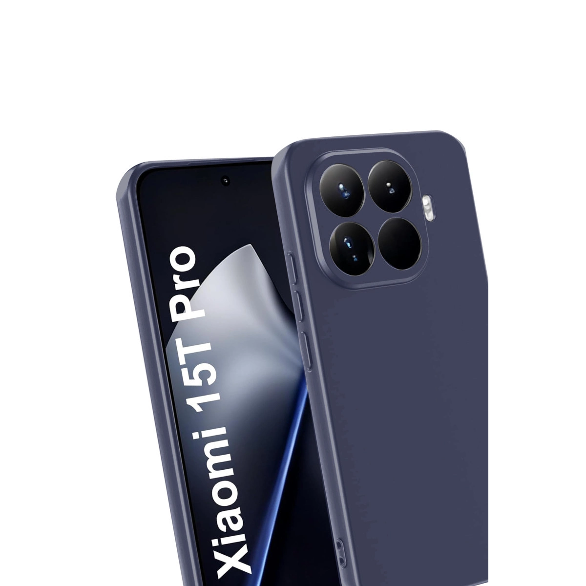 Dört arka kameraya sahip koyu mavi telefon, ekranda "Xiaomi 15T Pro" yazısı.
