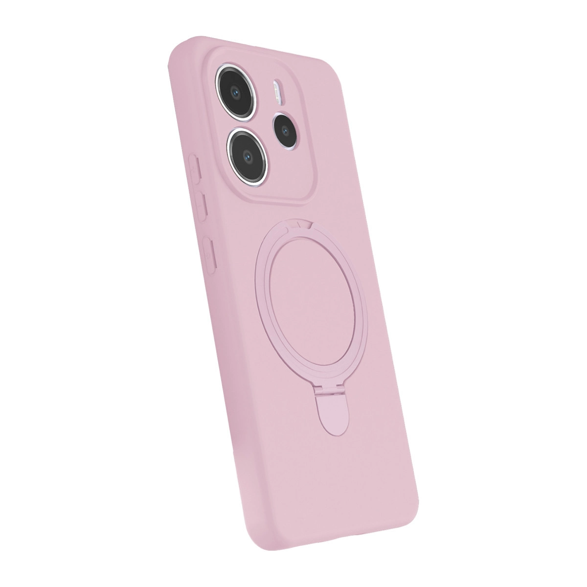 Halka tutuculu ve üç kamera lensli pembe telefon kılıfı.