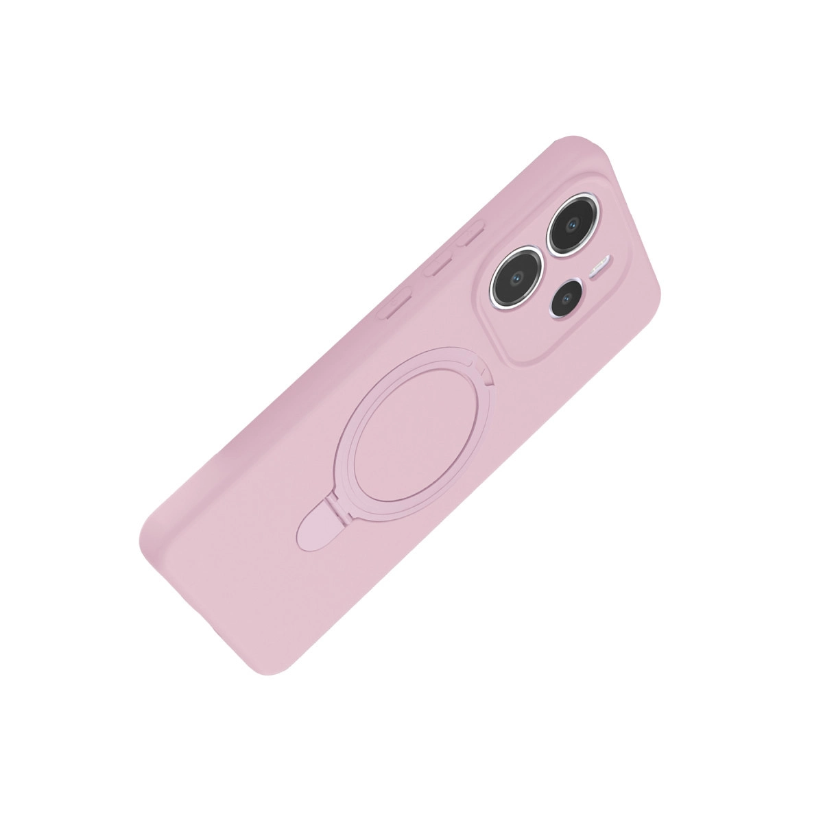 Halka tutuculu ve üçlü kamera kesimli pembe telefon kılıfı.