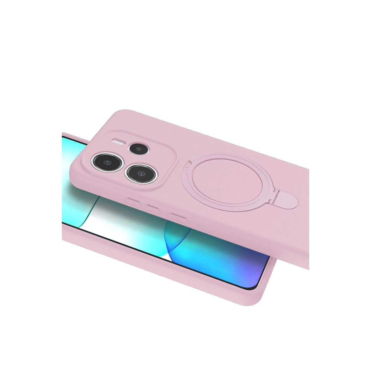 Halka tutuculu pembe telefon kılıfı bir telefonun üzerinde duruyor.