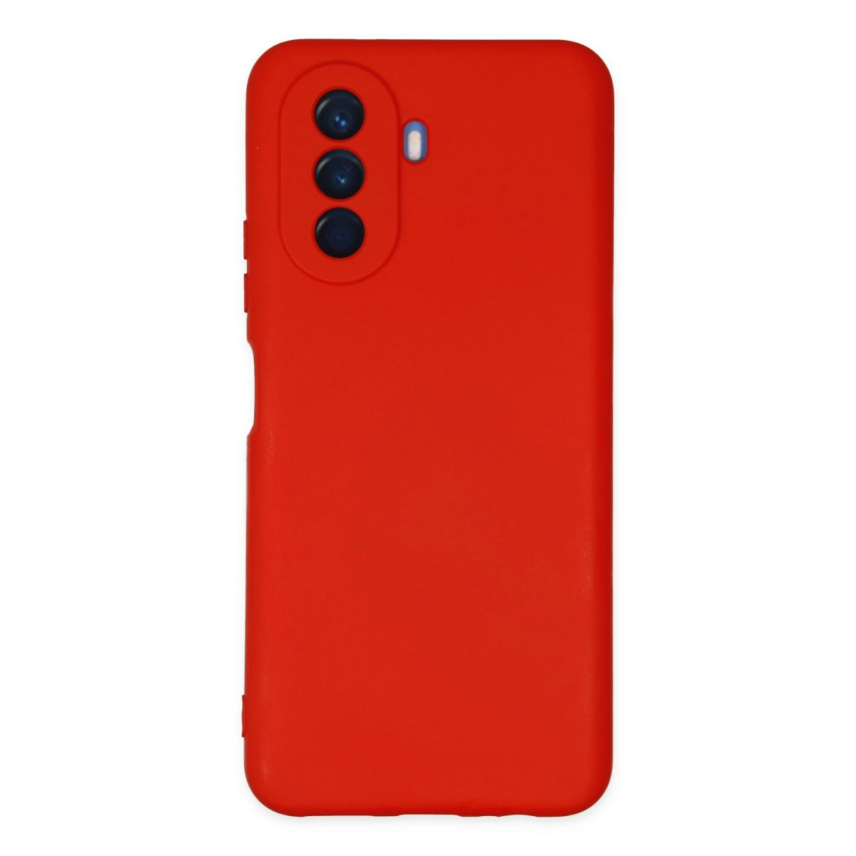 Üç kamera lensli ve küçük mavi detaylı kırmızı telefon kılıfı.