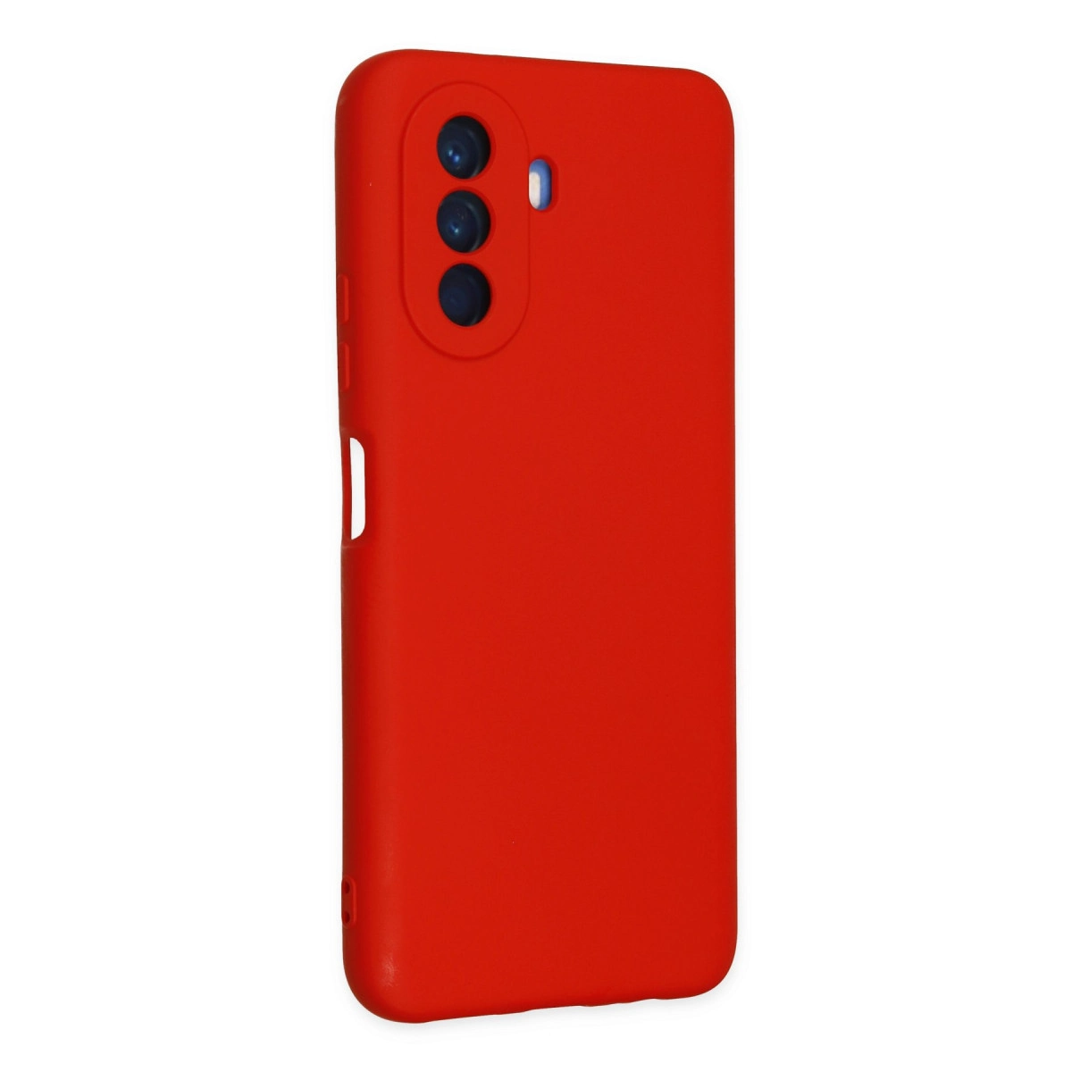 Üç kamera lensli ve flaşlı kırmızı telefon kılıfı.