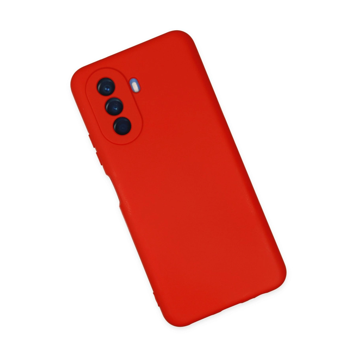 Üç kamera lensli ve flaşlı kırmızı telefon kılıfı.