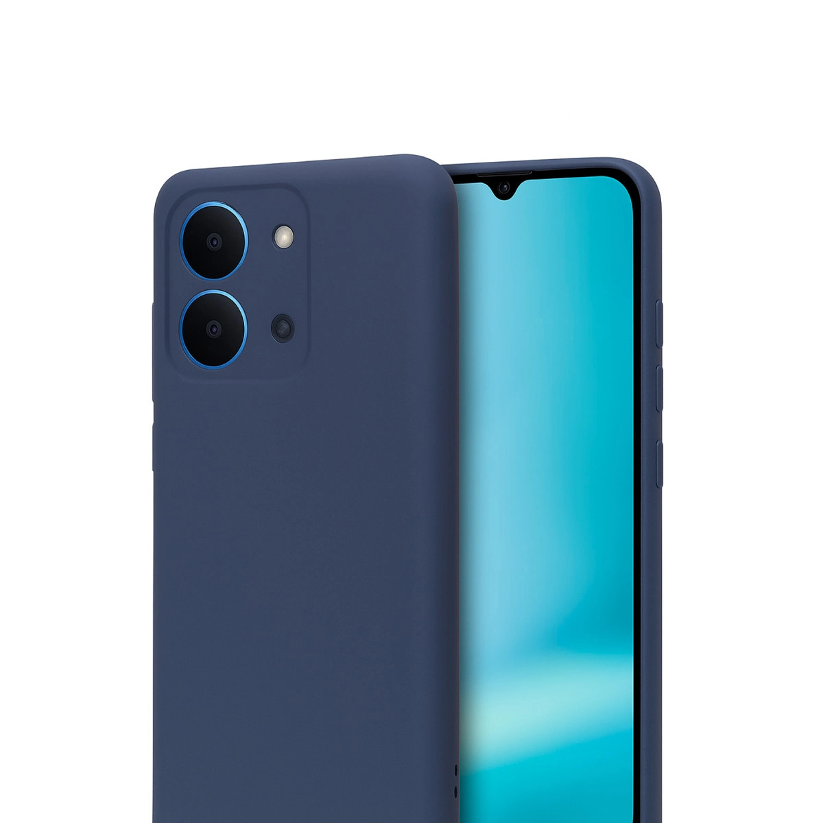 Beyaz arka plan üzerinde iki kamera lensi ve flaşa sahip lacivert telefon kılıfı.