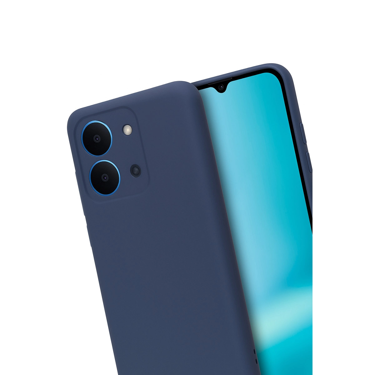 Çift kamera lensli ve flaşlı lacivert telefon, parlak mavi ekran.
