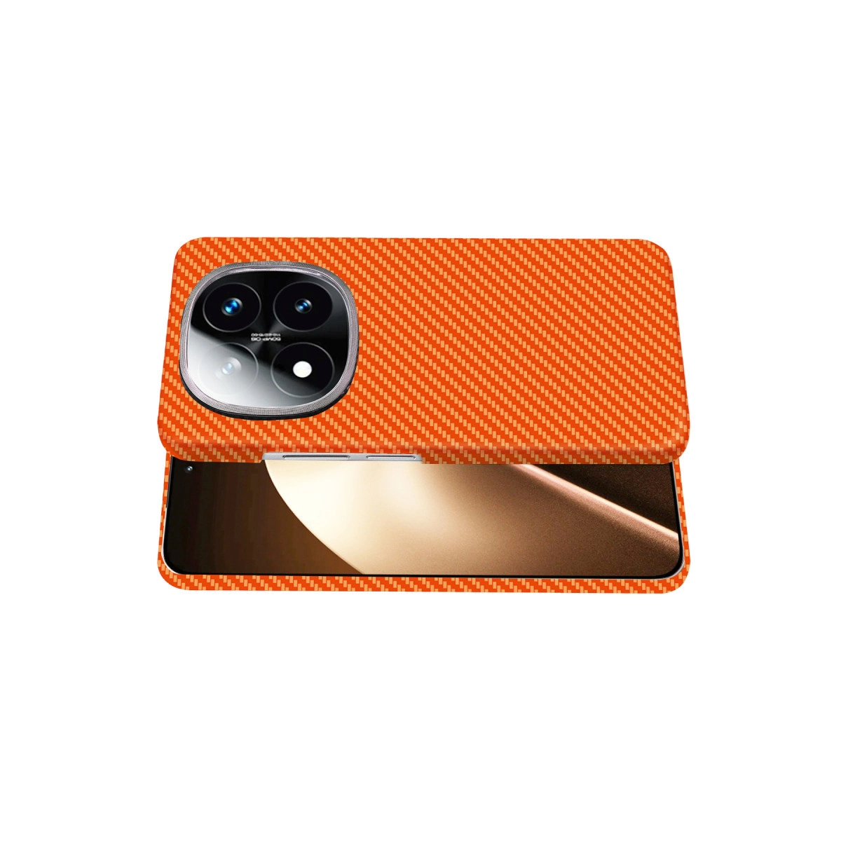Karbon fiber dokulu turuncu telefon kılıfı ve kamera modülü.