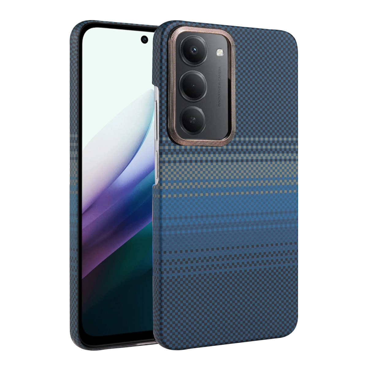 Üç kameralı, ekose kılıflı mavi bir telefon.
