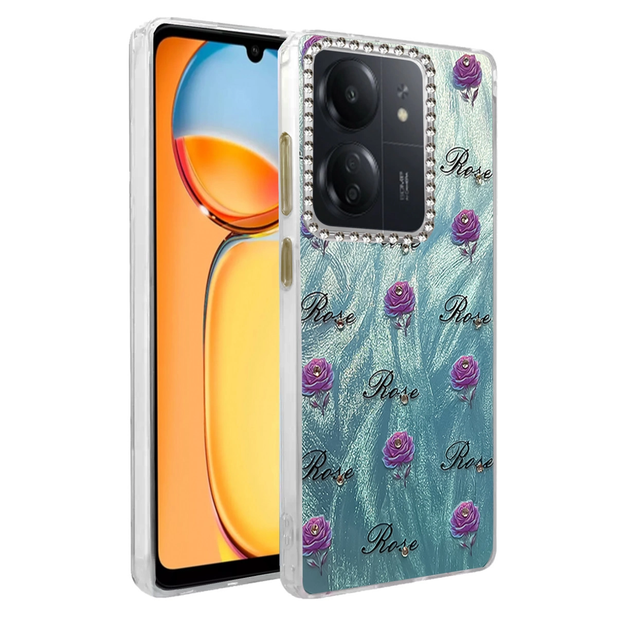 Turkuaz arka plan üzerinde mor güller ve "Rose" yazısı bulunan şeffaf telefon kılıfı.
