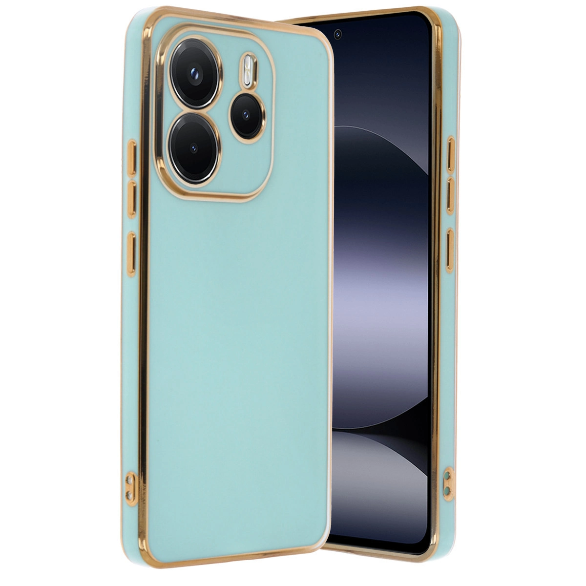 Altın kenarlı ve kamera oyuntulu nane yeşili telefon kılıfı.