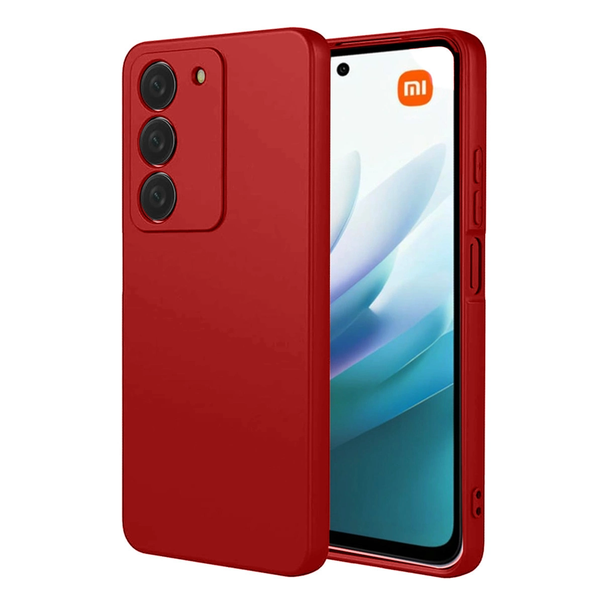 Üç kamera lensli kırmızı telefon kılıfı ve ekranda Xiaomi logosu.