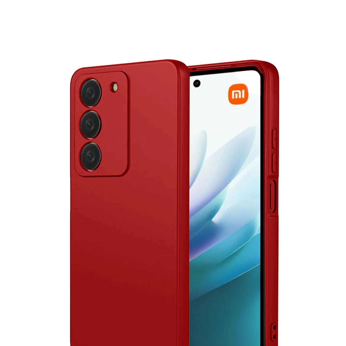 Ekranında MIUI logosu bulunan kırmızı, üç kameralı akıllı telefon.
