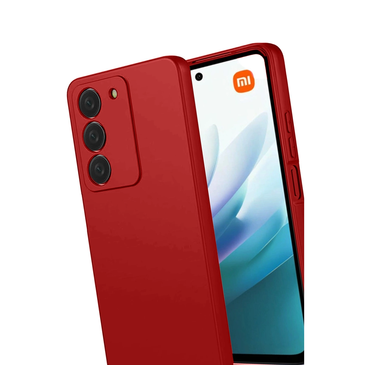 Üç kamera lensli kırmızı telefon kılıfı ve ekranda MI logosu.