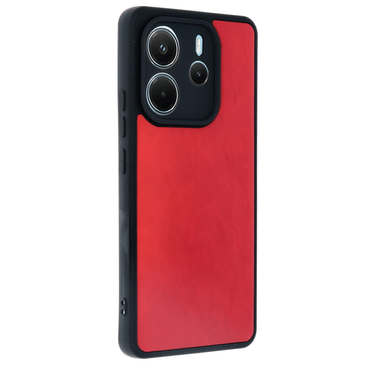 Siyah kenarlı ve kamera adacıklı kırmızı telefon kılıfı.