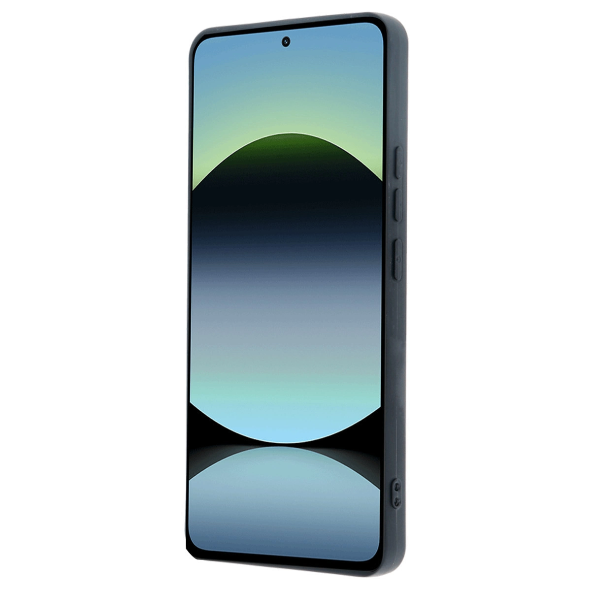 Ekranında soyut bir arka plan gösteren koyu renkli bir akıllı telefon.