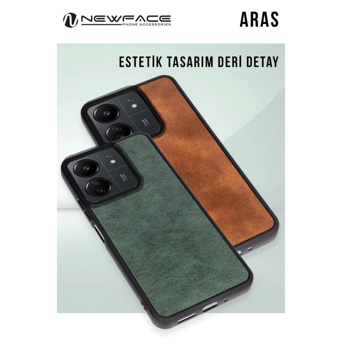 Deri görünümlü iki telefon kılıfı, biri yeşil, biri kahverengi.