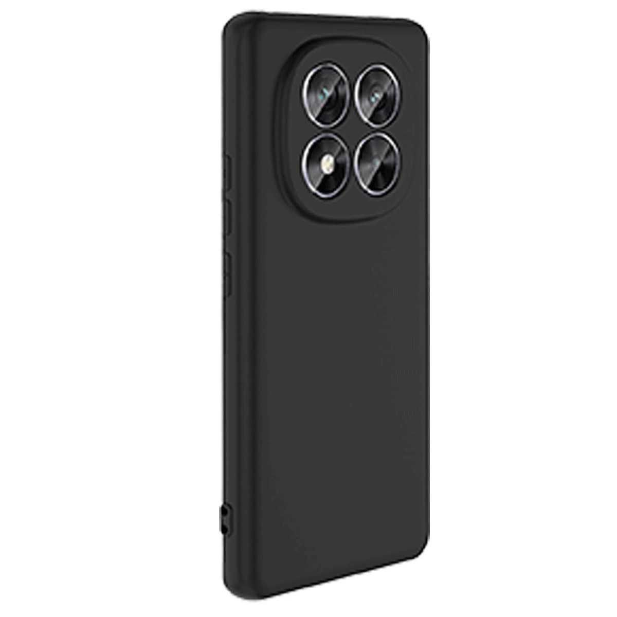Dört yuvarlak kamera lensli siyah telefon kılıfı, beyaz arka plan üzerinde.