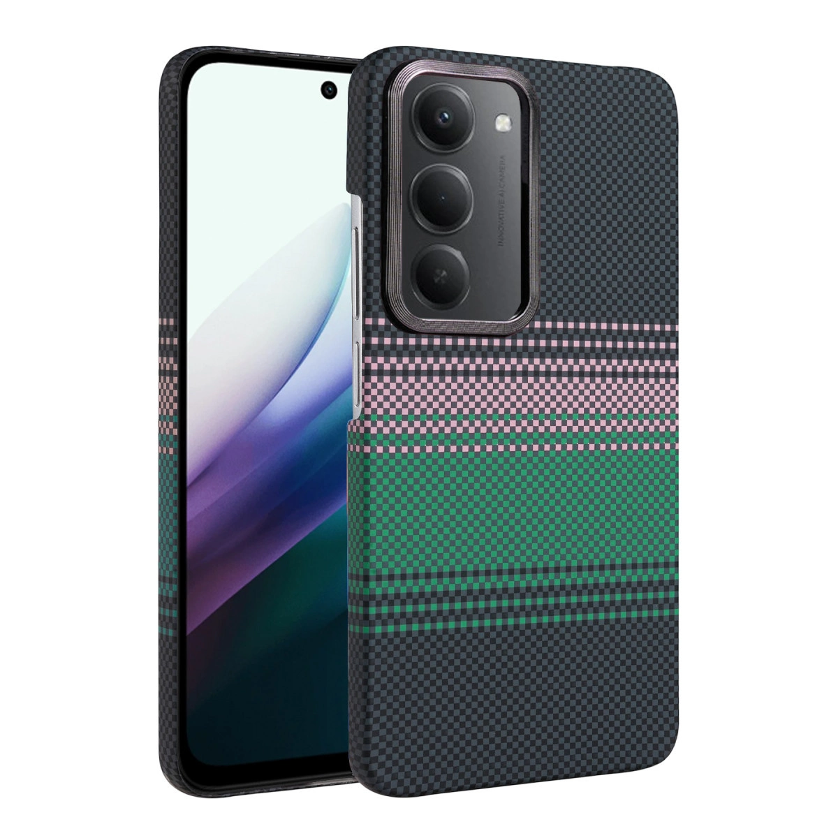 Kareli desenli, yeşil ve pembe çizgili koyu gri telefon kılıfı.