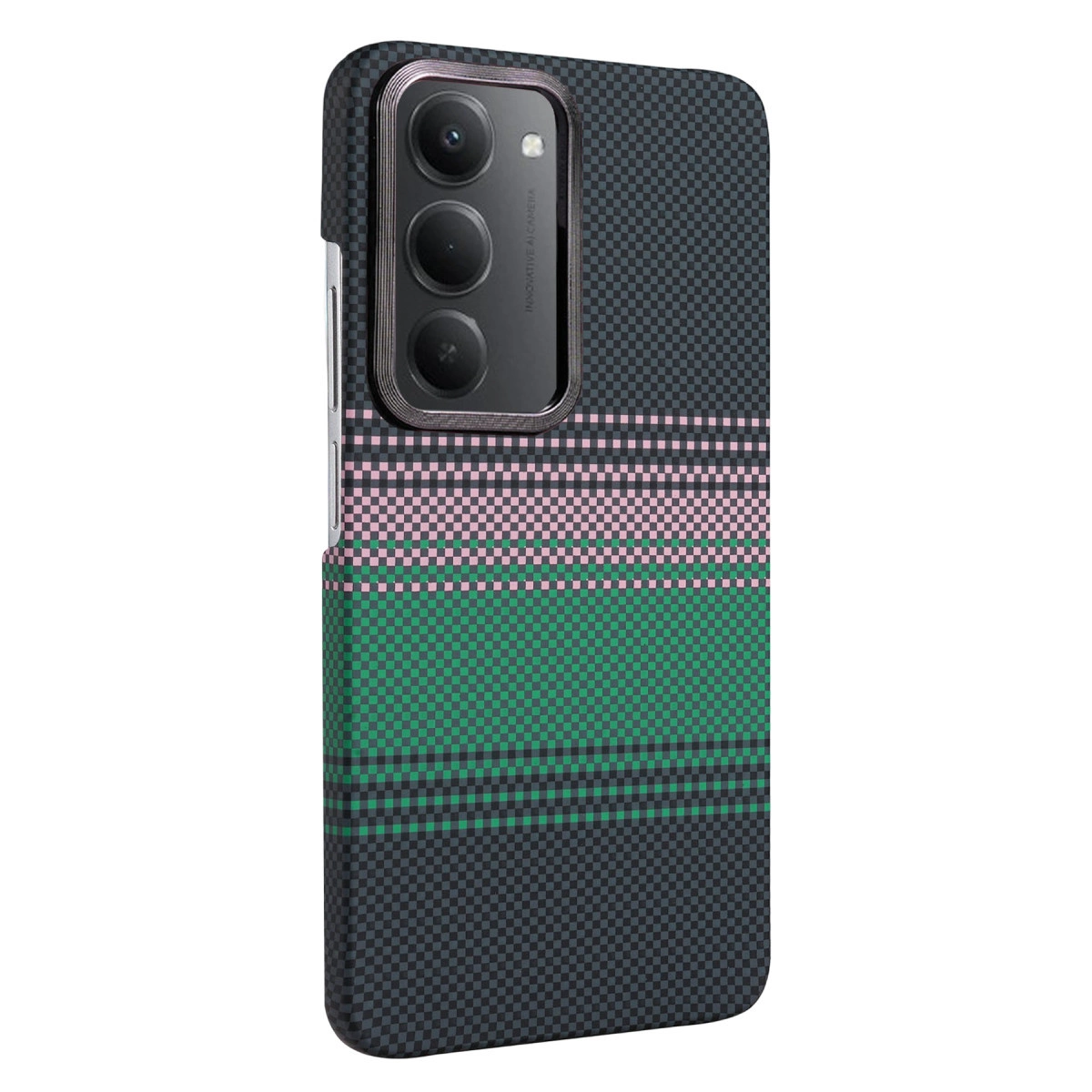 Gri, yeşil ve pembe kareli desenli telefon kılıfı. Üstte üçlü kamera.