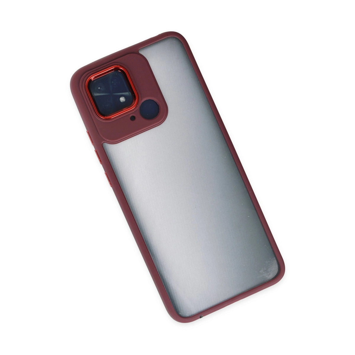 Şarap kırmızısı telefon kılıfı, şeffaf arka ve kamera çerçevesi.