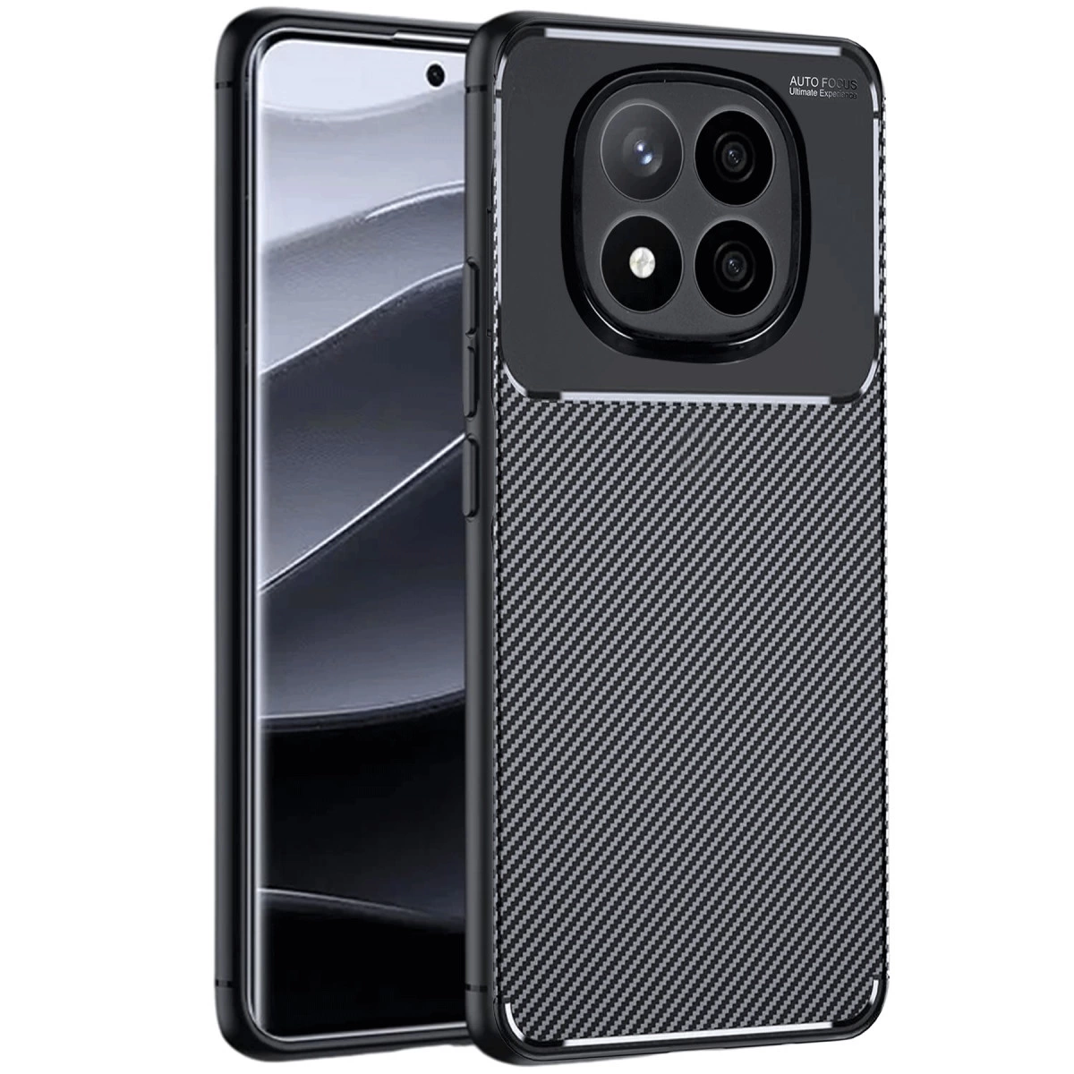 Karbon fiber dokulu ve dörtlü kamera kesimli siyah telefon kılıfı.